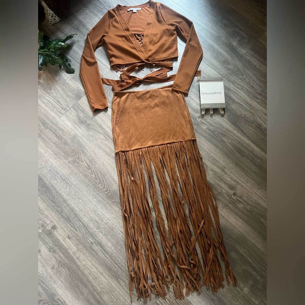 Bear Dance & HYFVE Cognac Fringe Skirt Wrap Top & Bandeau Top Rave Bundle Size L - Picture 5 of 16